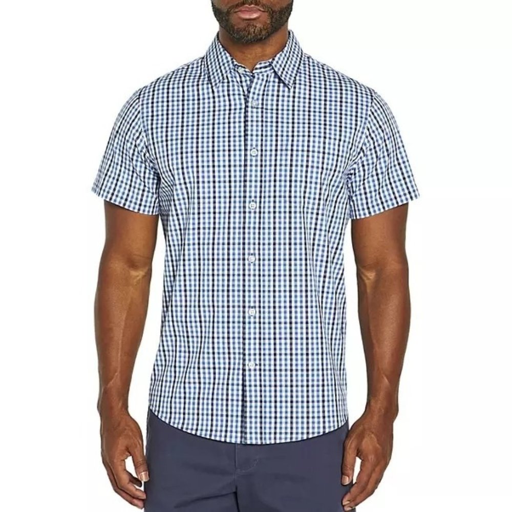 Gap Men's Shirt M Short Sleeve Button Front Poplin Shirt Blue Check Plaid M
